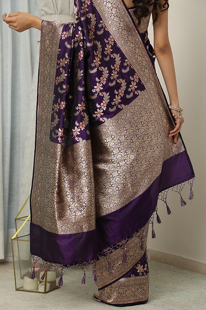 Purple Katan Silk Floral Meenakari Wedding Saree Set by NEITRI at Pernia's Pop Up Shop