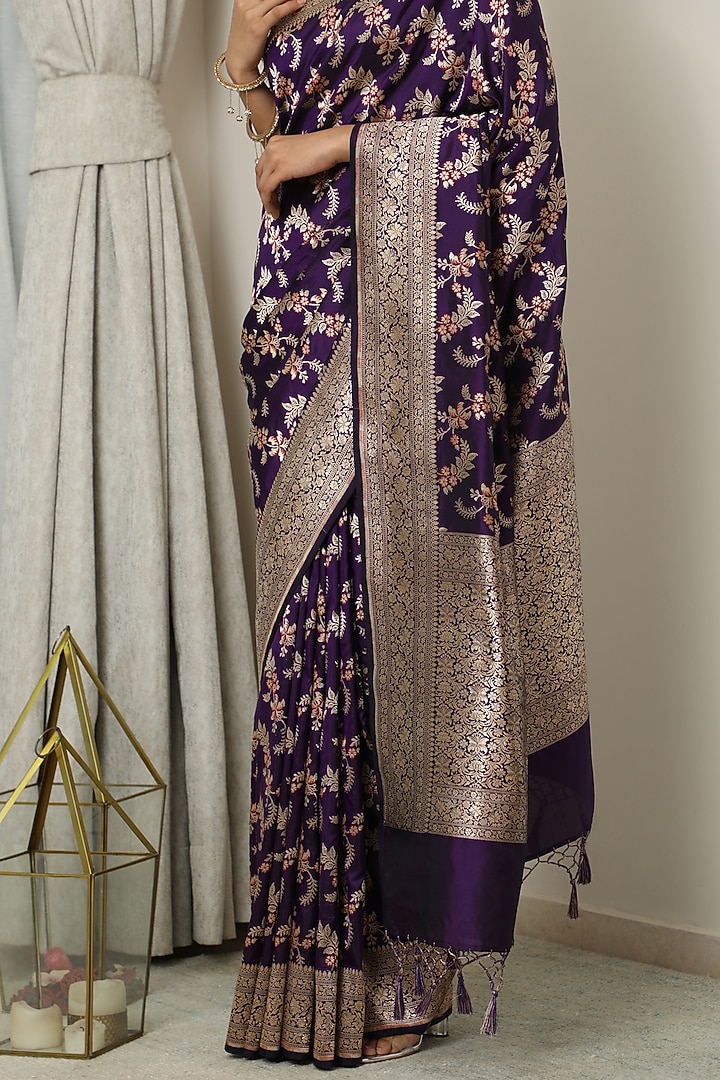 Purple Katan Silk Floral Meenakari Wedding Saree Set by NEITRI at Pernia's Pop Up Shop