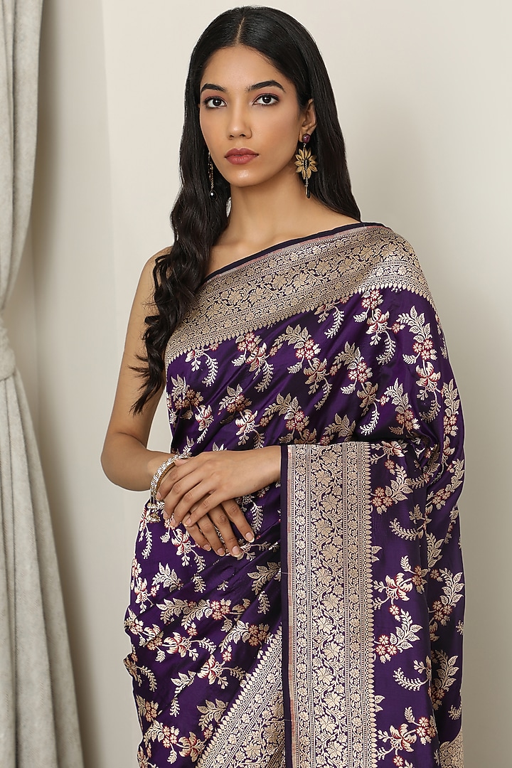 Purple Katan Silk Floral Meenakari Wedding Saree Set by NEITRI at Pernia's Pop Up Shop