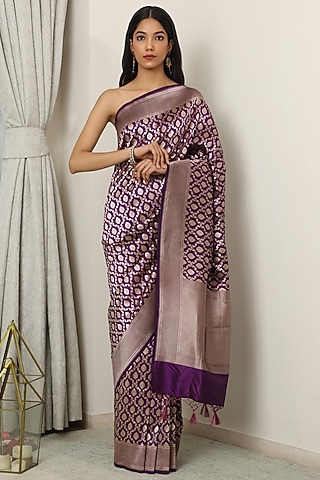 Purple Katan Silk Saree Set by NEITRI