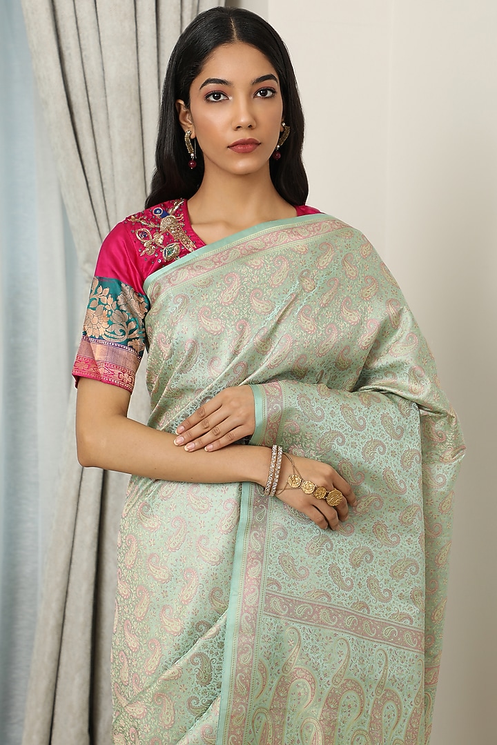 Green Katan Silk Wedding Saree Set by NEITRI at Pernia's Pop Up Shop