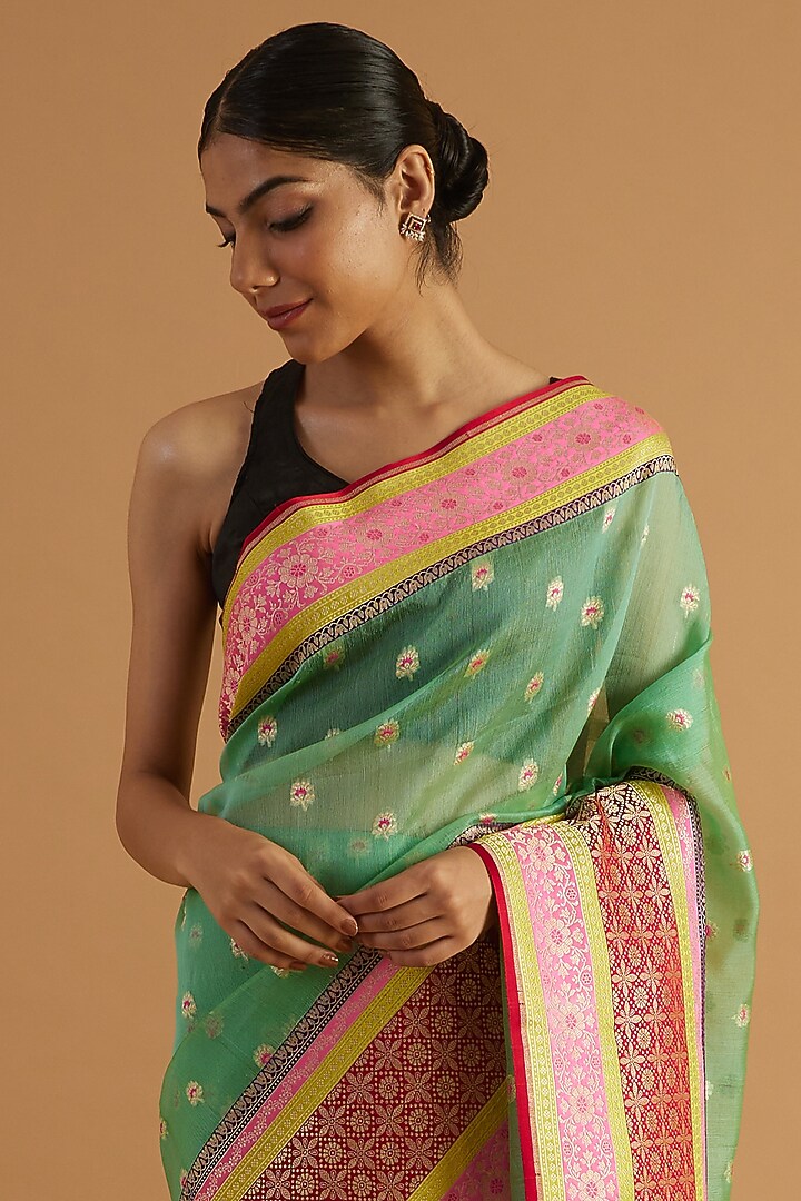 Green Organza Floral Wedding Saree Set by NEITRI at Pernia's Pop Up Shop
