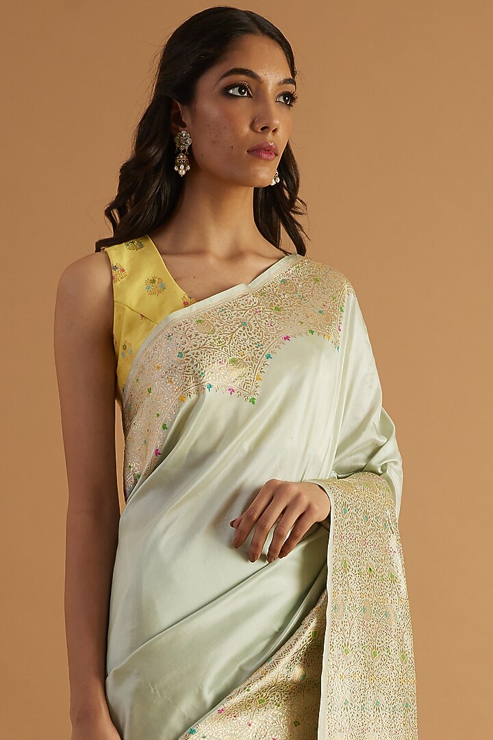 Ivory Katan Silk Wedding Saree Set by NEITRI at Pernia's Pop Up Shop