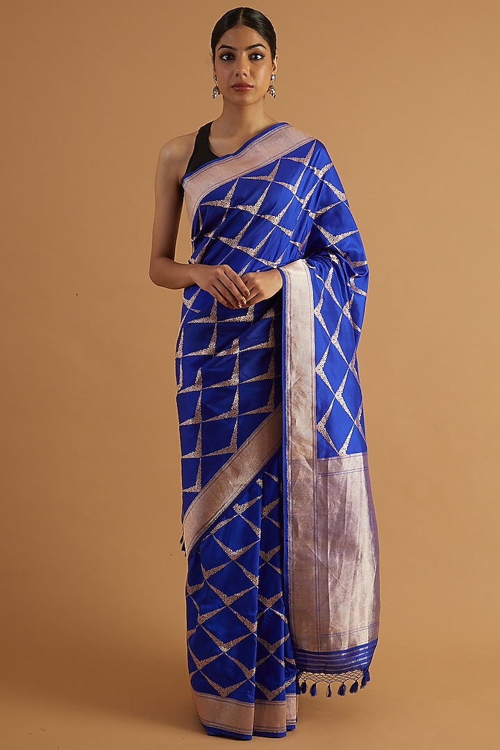 Blue Katan Silk Saree Set by NEITRI at Pernia's Pop Up Shop