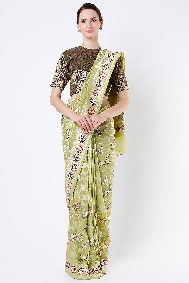 Light Green Pure Georgette Hand Embroidered Saree Set by NEITRI