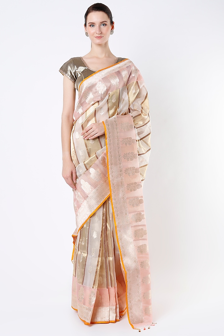 Blush Pink Striped Saree Set by NEITRI