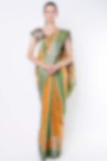 Leaf Green & Orange Moonga Silk Saree Set by NEITRI