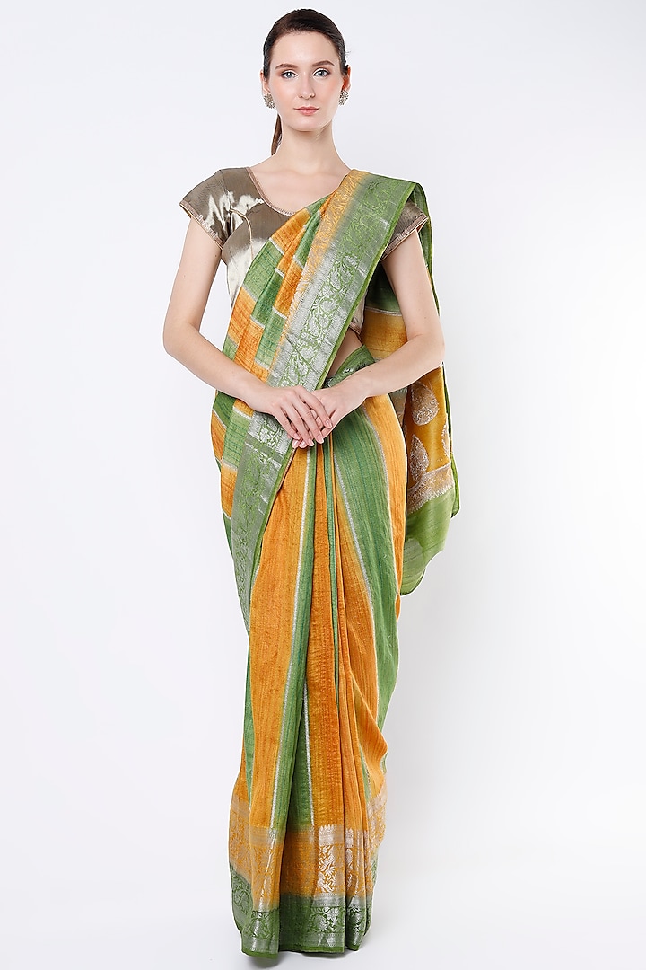 Leaf Green & Orange Moonga Silk Saree Set by NEITRI