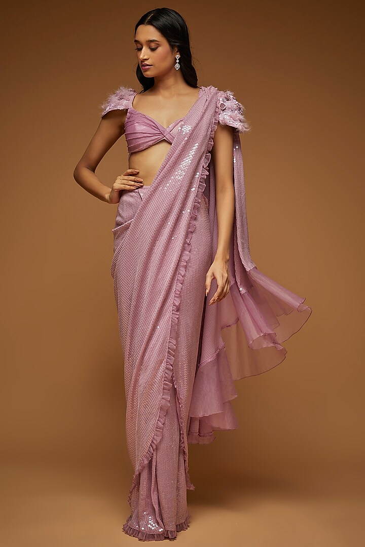 Pale Plum Georgette Embellished Pre-Stitched Saree Set by Neeta Lulla