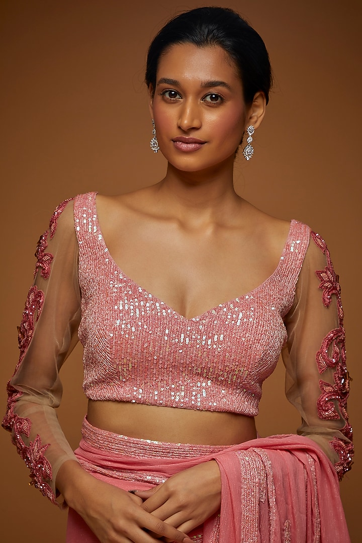 Coral Shimmer Georgette Sequins Embellished Reception Saree Set by Neeta Lulla at Pernia's Pop Up Shop