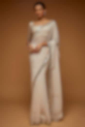Cream Blush Chiffon Embroidered Saree Set by Neeta Lulla
