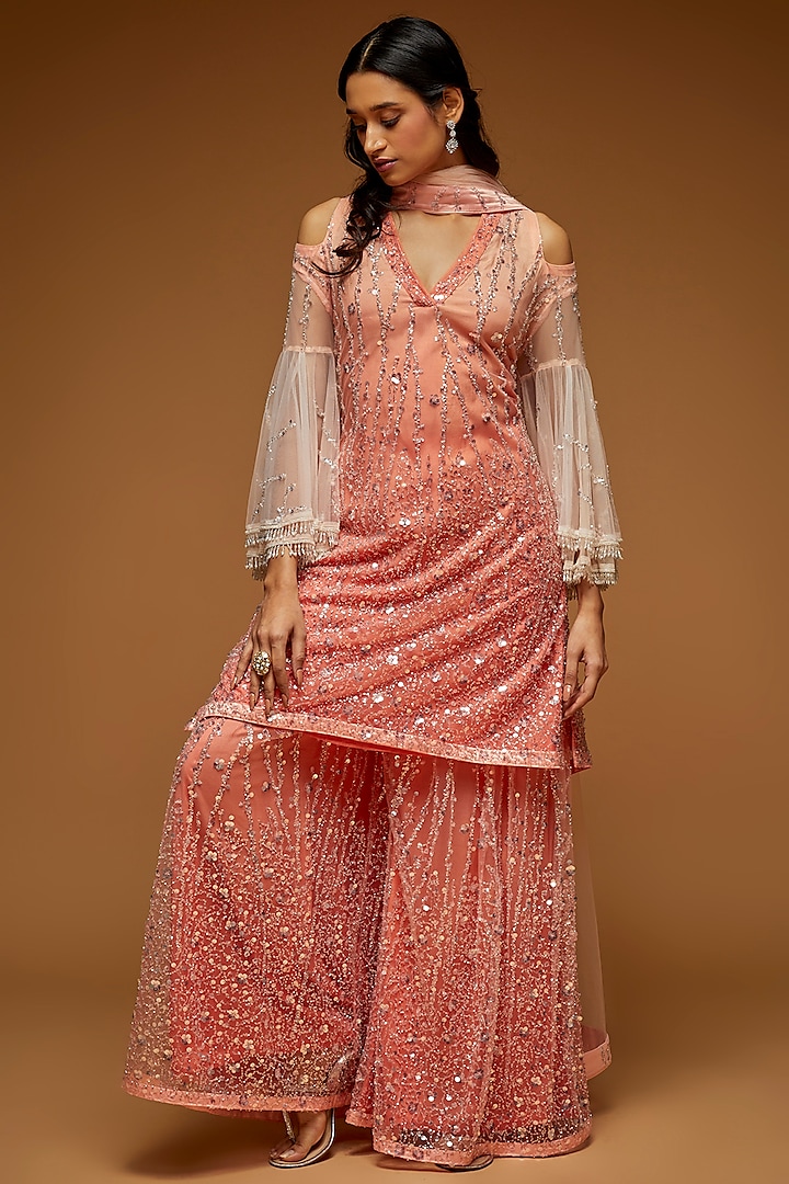 Blush Peach Tulle Embroidered Sharara Set by Neeta Lulla