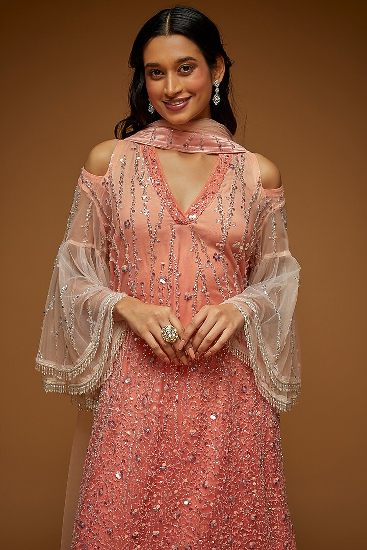 Blush Peach Tulle Embroidered Bridal Sharara Set by Neeta Lulla at Pernia's Pop Up Shop