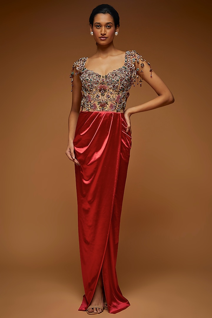 Poinciana Red Tulle & Lycra Embroidered Gown by Neeta Lulla