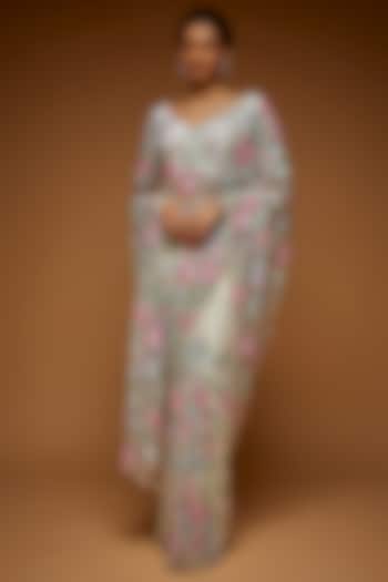 White Tulle Embellished Reception Saree Set by Neeta Lulla at Pernia's Pop Up Shop