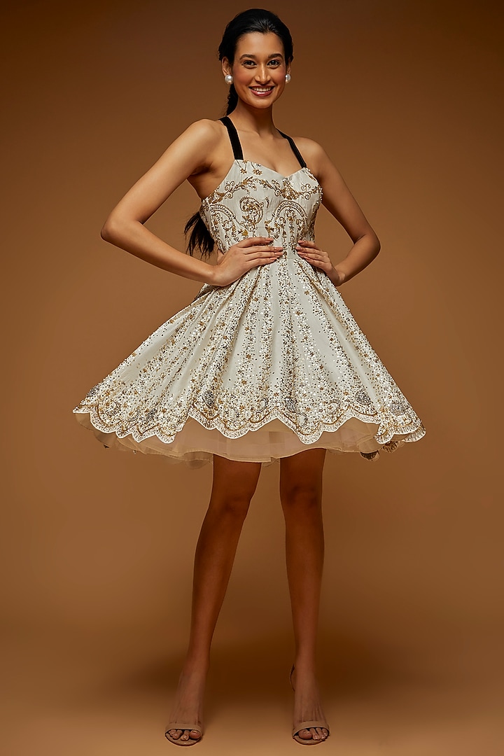 White Raw Silk Embellished Mini Dress by Neeta Lulla