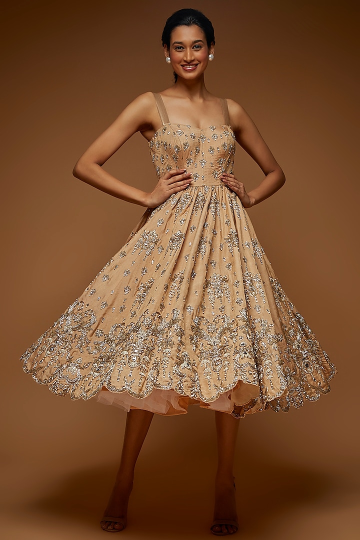 Beige Raw Silk Embellished Dress by Neeta Lulla