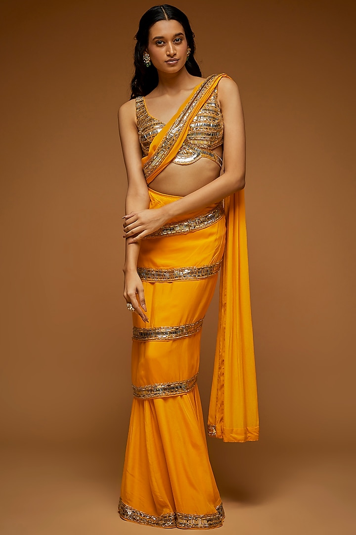 Yellow Georgette Embellished Concept Saree Set by Neeta Lulla