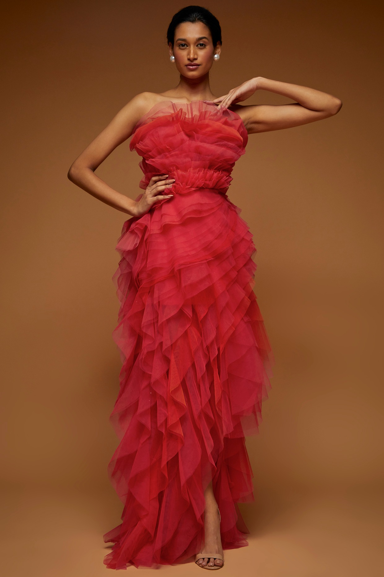 Coral Tulle Layered Gown by Neeta Lulla at Pernia s Pop Up Shop 2024