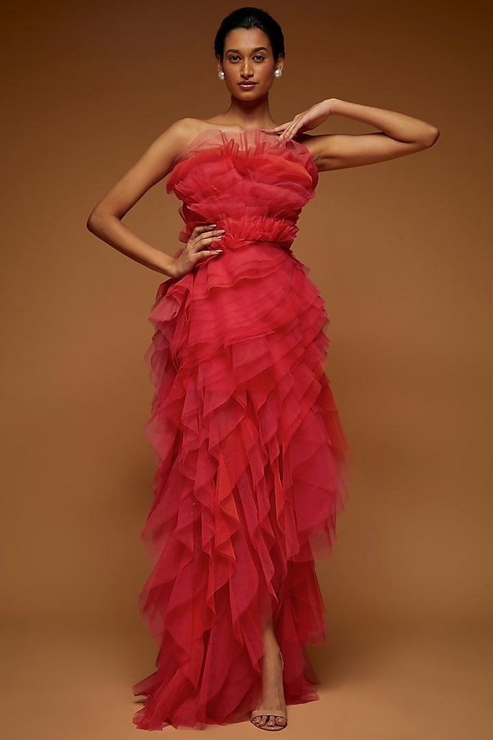 Coral Tulle Layered Gown by Neeta Lulla