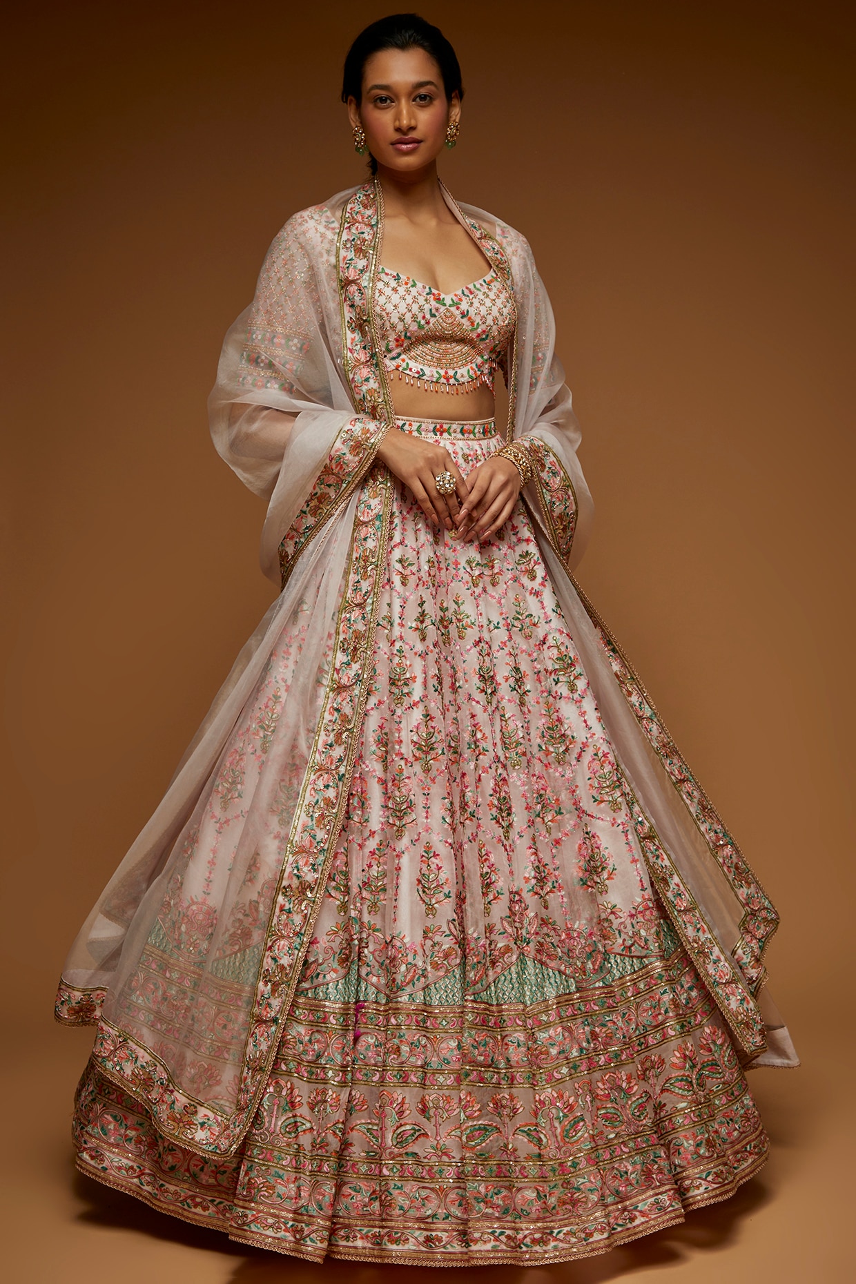 Neeta Lulla Bahar Floral Embroidered Lehenga Set | Pink, Sequin, Tulle, V  Neck, Half | Floral lehenga, Aza fashion, Pink tulle