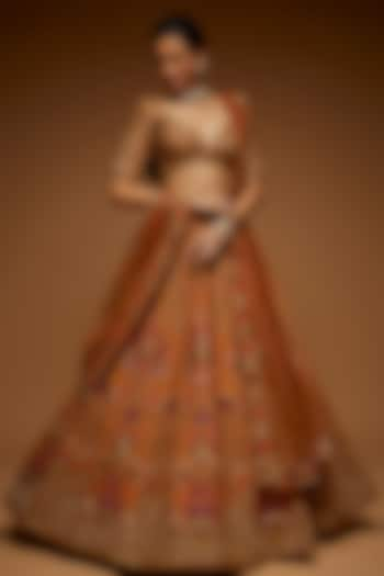 Burnt Orange Tulle Embroidered Bridal Lehenga Set by Neeta Lulla at Pernia's Pop Up Shop