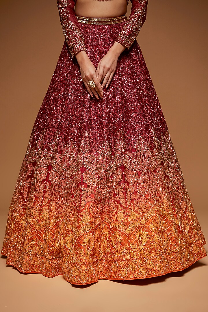 Garnet & Mandarine Tulle Embroidered Bridal Lehenga Set by Neeta Lulla at Pernia's Pop Up Shop