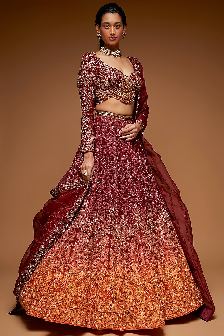 Garnet & Mandarine Tulle Embroidered Bridal Lehenga Set by Neeta Lulla at Pernia's Pop Up Shop