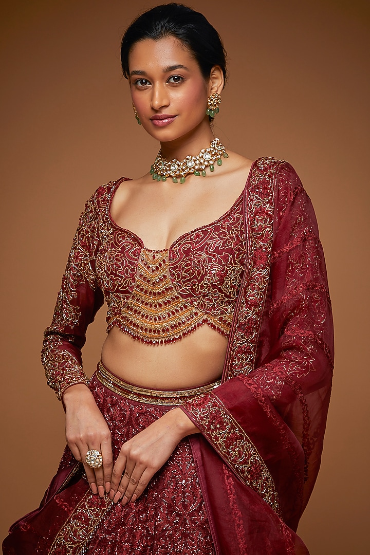 Garnet & Mandarine Tulle Embroidered Bridal Lehenga Set by Neeta Lulla at Pernia's Pop Up Shop