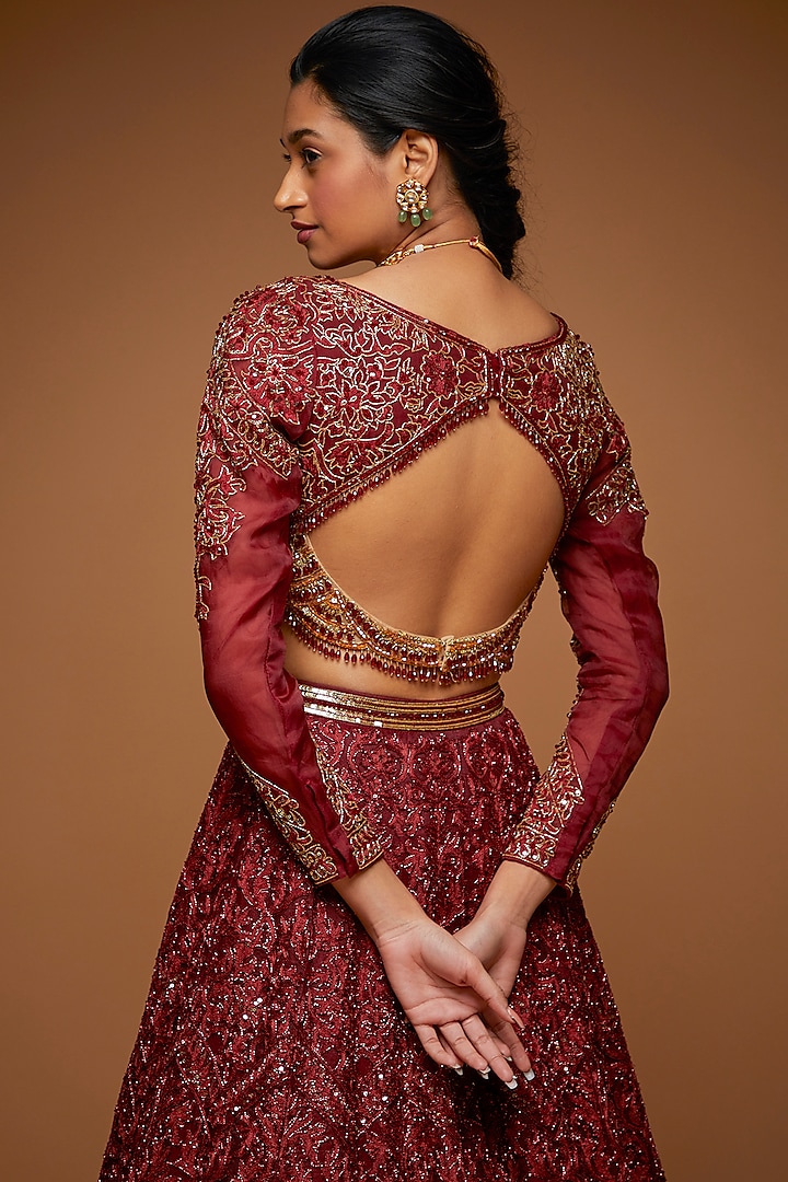 Garnet & Mandarine Tulle Embroidered Bridal Lehenga Set by Neeta Lulla at Pernia's Pop Up Shop