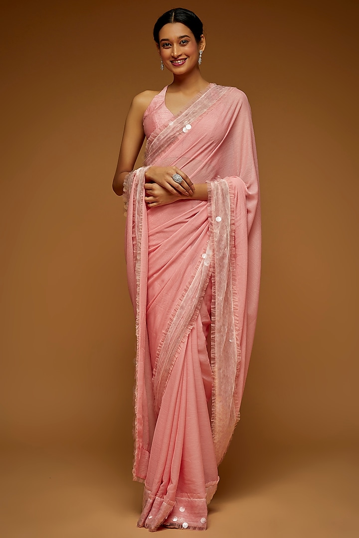 Peach Punch Wrinkle Chiffon Embellished Saree Set by Neeta Lulla