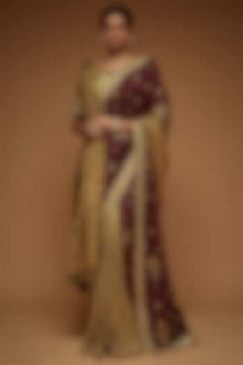 Gold & Wine Georgette Embroidered Saree Set by Neeta Lulla