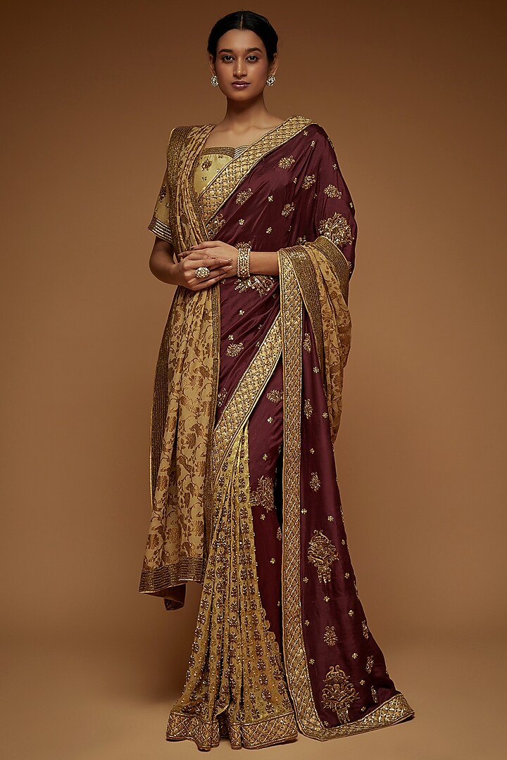 Gold & Wine Georgette Embroidered Saree Set by Neeta Lulla
