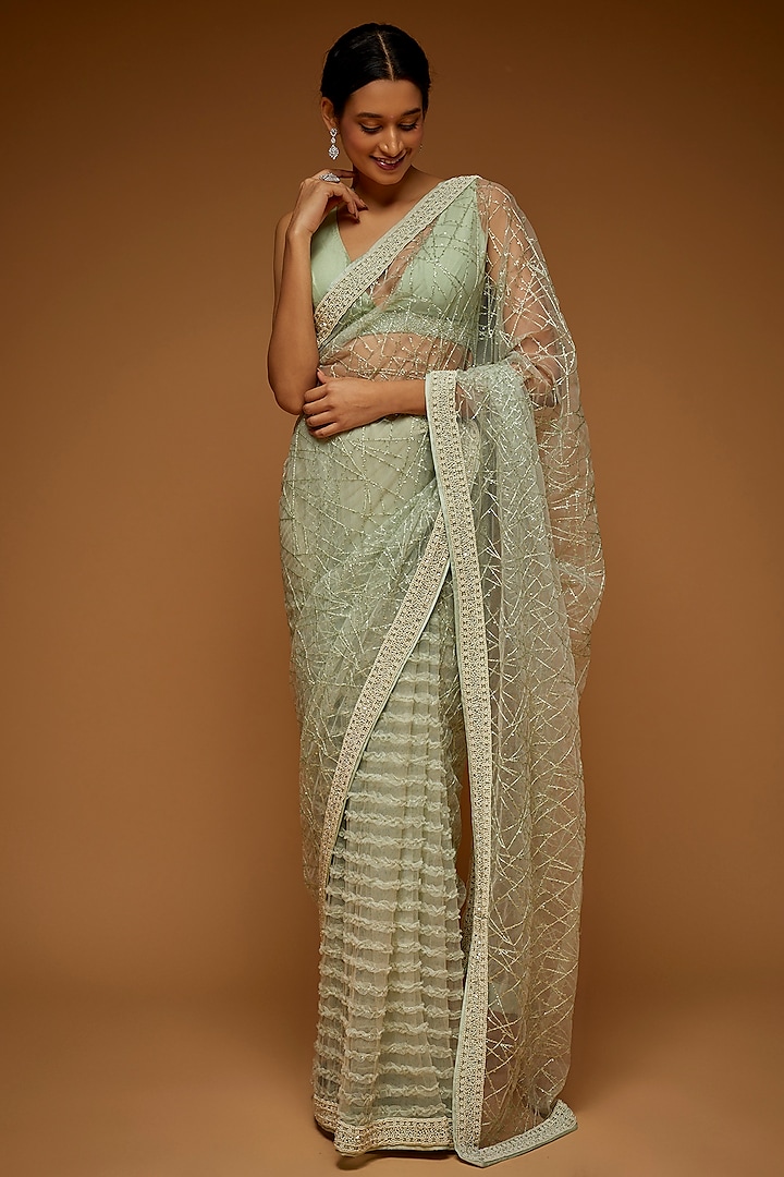 Aqua Green Tulle Embellished Saree Set by Neeta Lulla