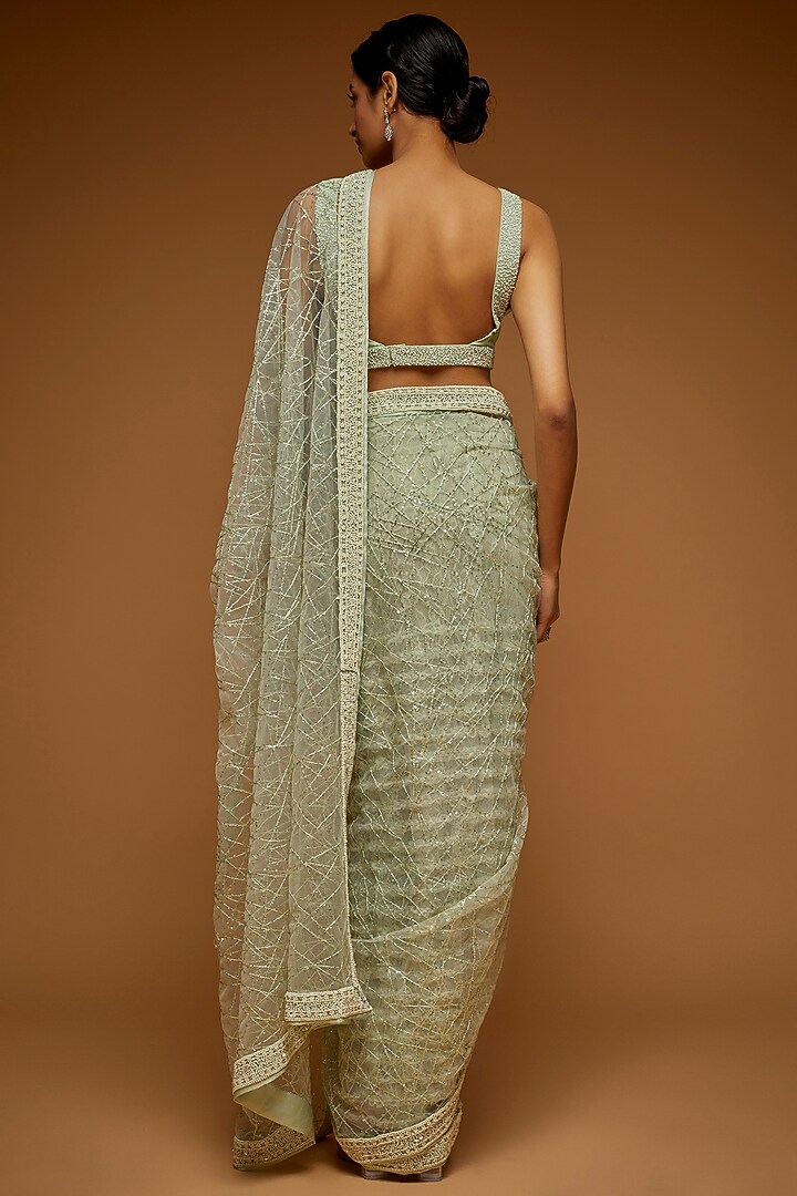 Aqua Green Tulle Embellished Reception Saree Set by Neeta Lulla at Pernia's Pop Up Shop