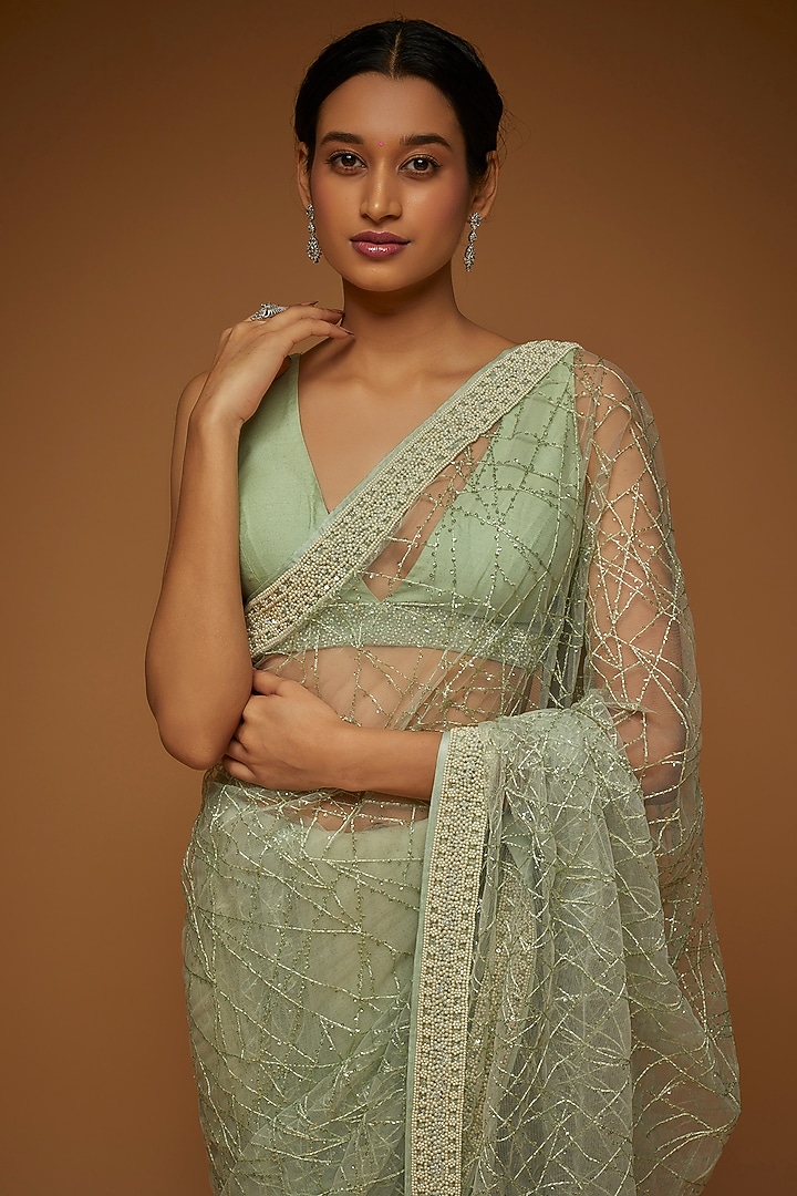 Aqua Green Tulle Embellished Reception Saree Set by Neeta Lulla at Pernia's Pop Up Shop