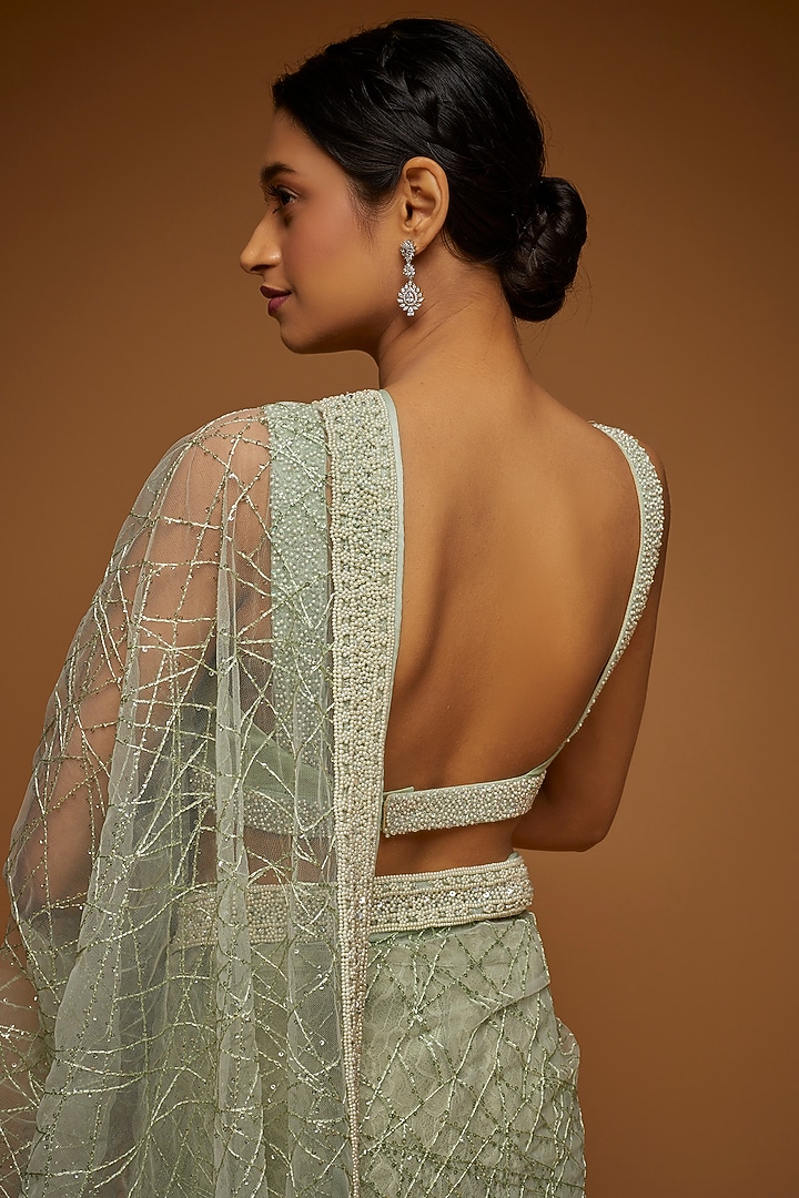 Aqua Green Tulle Embellished Reception Saree Set by Neeta Lulla at Pernia's Pop Up Shop