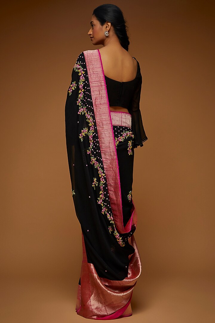 Black & Pink Georgette Embroidered Reception Saree Set by Neeta Lulla at Pernia's Pop Up Shop