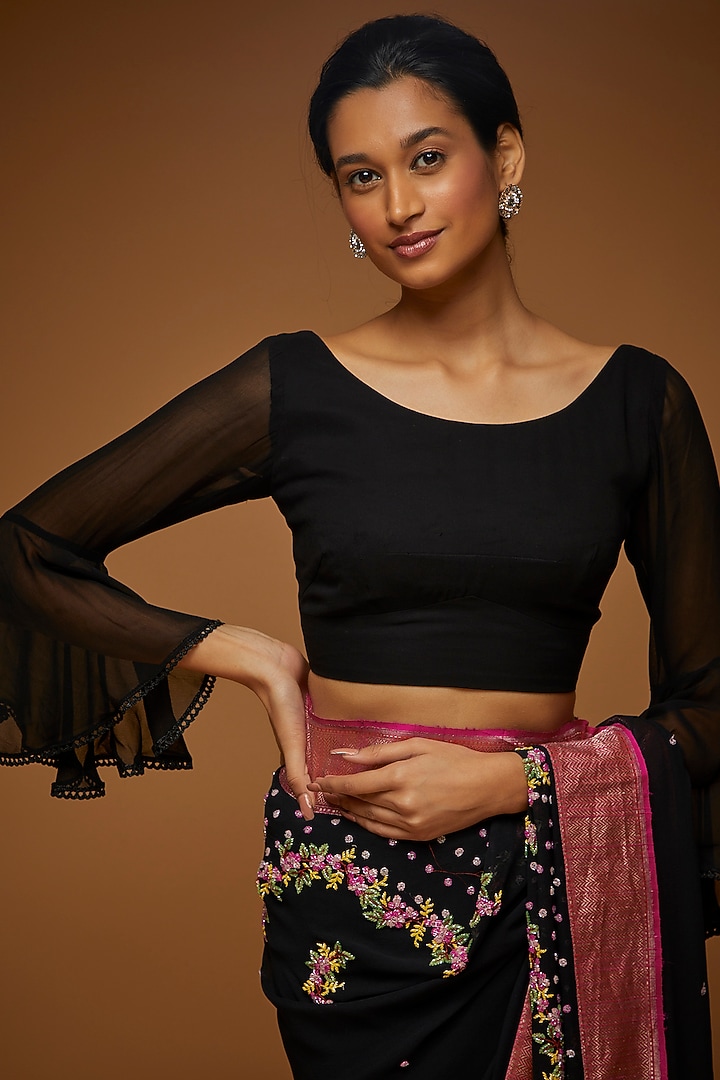 Black & Pink Georgette Embroidered Reception Saree Set by Neeta Lulla at Pernia's Pop Up Shop