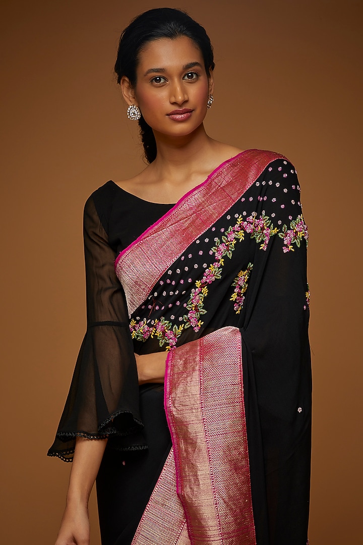 Black & Pink Georgette Embroidered Reception Saree Set by Neeta Lulla at Pernia's Pop Up Shop