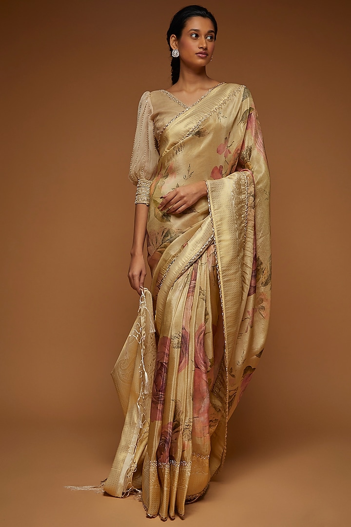 Beige Crepe Silk Floral Printed & Embroidered Saree Set by Neeta Lulla