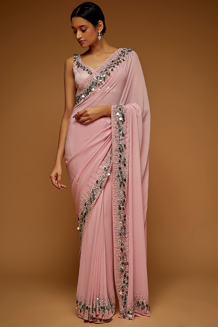 Baby Pink Georgette Embellished Saree Set by Neeta Lulla
