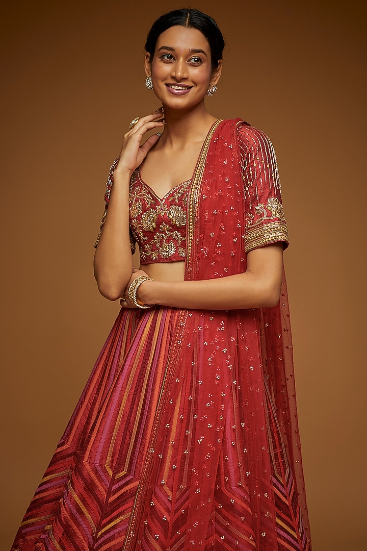 Cardinal Raw Silk Embroidered Bridal Lehenga Set by Neeta Lulla at Pernia's Pop Up Shop