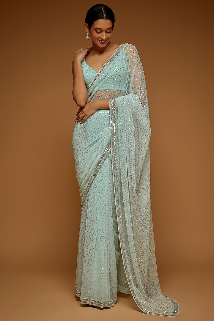 Ice Blue Tulle Embellished Saree Set by Neeta Lulla