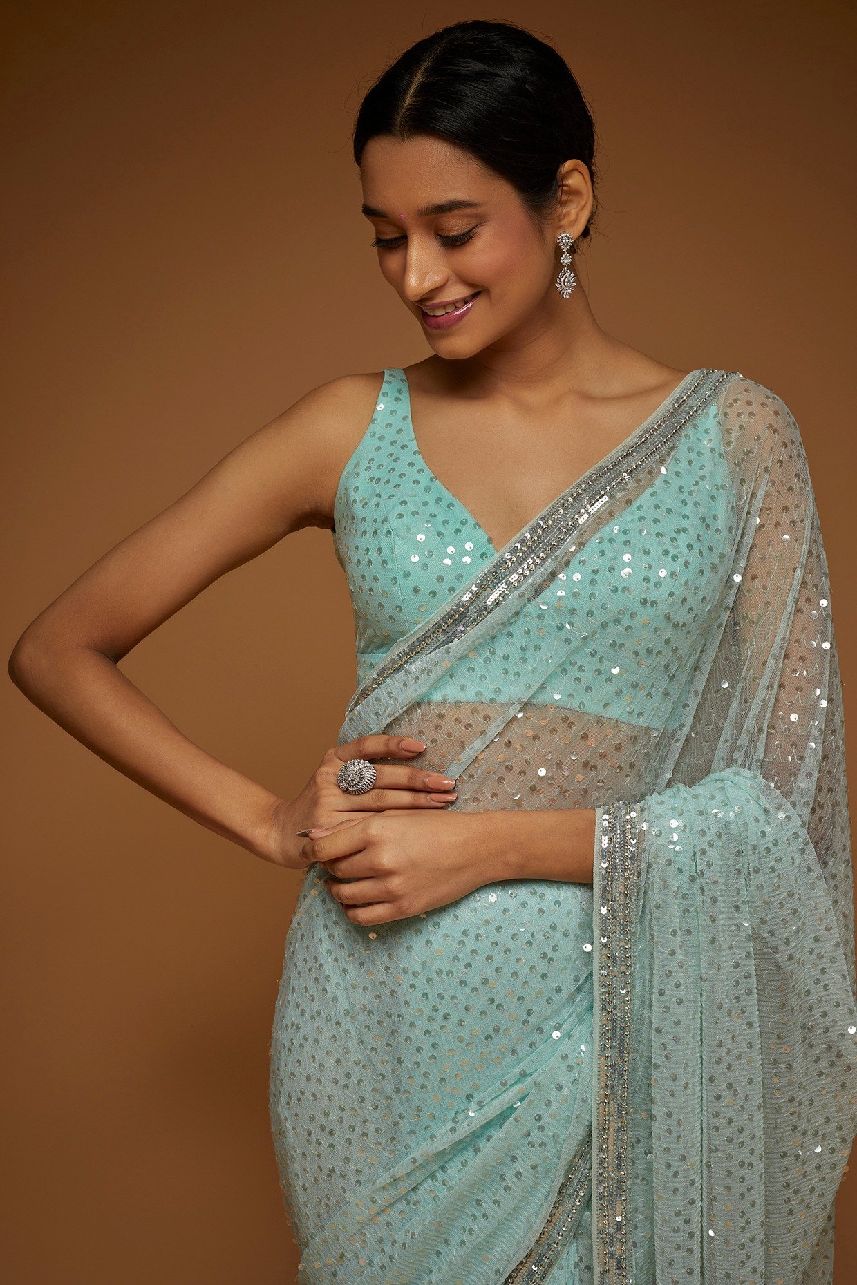 Electric Blue Net Sequins Embroidered Blouse And Hand Crafted Chiffon –  PARAMPARA SAREE