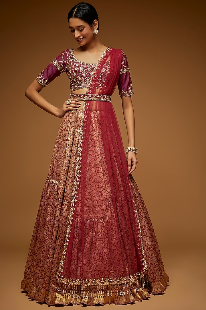 Wine Brocade Lehenga Set by Neeta Lulla