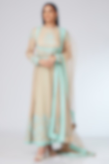 Beige & Aqua Silk Embellished Achkan Anarkali Set by Neeta Lulla at Pernia's Pop Up Shop