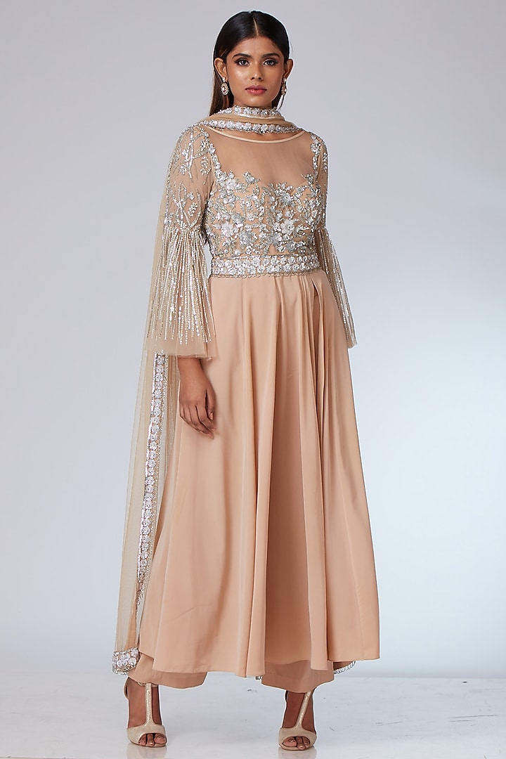 Beige Crepe Embellished Anarkali Set by Neeta Lulla at Pernia's Pop Up Shop