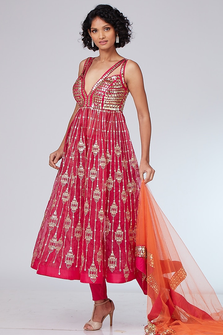 Hot Pink Organza Embellished Bridal Anarkali Set by Neeta Lulla at Pernia's Pop Up Shop
