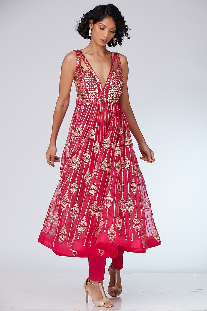 Hot Pink Organza Embellished Bridal Anarkali Set by Neeta Lulla at Pernia's Pop Up Shop